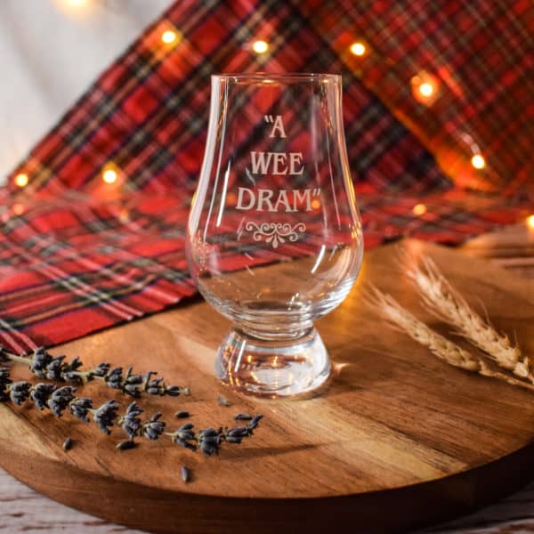 personalised whisky glass saying "wee dram"