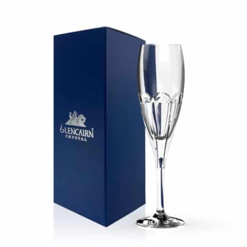 Glencairn Crystal The Lewis collection is a weighted and resilient range that features a thumb cut pattern on the crystal, creating a sophisticated faceted effect. Celebrate birthdays, anniversaries and other occasions with a glass of bubbly. Add a personal touch with personalised crystal engraving. This lewis flute is made from high quality lead free crystal and supplied in a premium navy gift box. The two glasses are supplied in a luxurious navy gift box lined with navy satin, ready for gifting. Upgrade to the <a href="https://glencairn.co.uk/product/montrose-champagne-gift-set-of-6/">gift set of six flutes</a> for special occasions. Browse the rest of the <a href="https://glencairn.co.uk/collections/lewis">Lewis Collection</a>